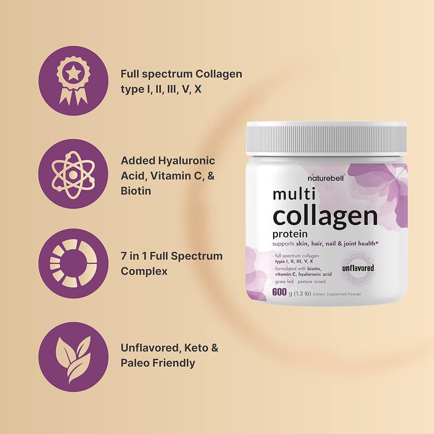 Mult Collage Protei Powde 600  Type (I II III V X Grass-Fe Pasture-Raise wit Bioti 5000mcg Vitami  Hyaluroni Aci Keto Paleo Unflavore (5 Servings)