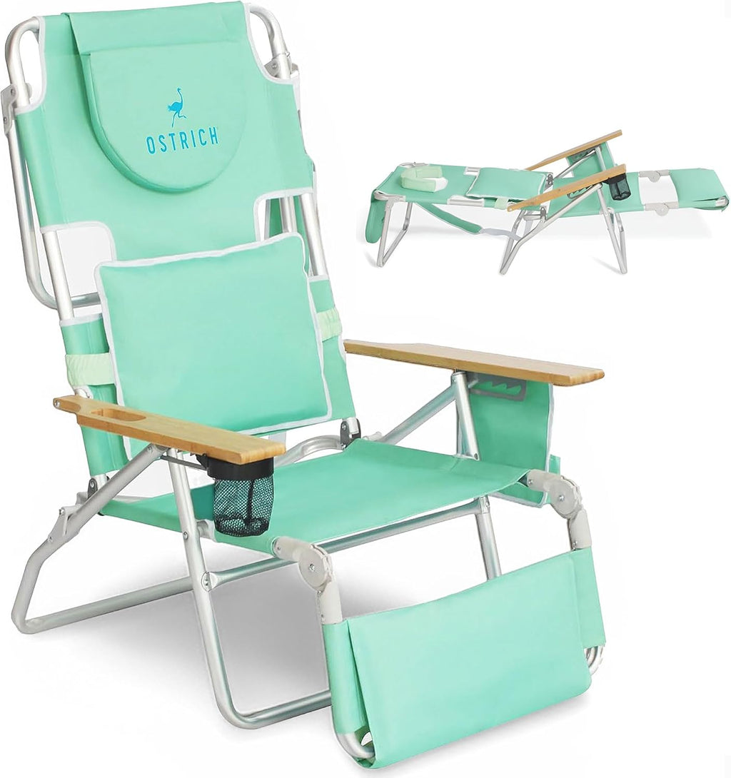 Ostrich Deluxe 3N1 Padded Beach Chair w/ Face Cushion Arm Holes, Teal - Lightweight Folding Recliner w/ Adjustable Backrest Footrest, Cup Holder, Side Utility Bag, 275 lb Weight Capacity