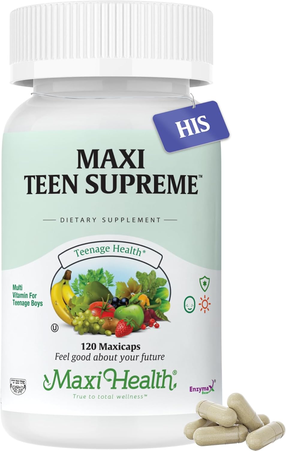 Maxi Health Multivitamin for Him ¨C Boys Vitamins for Ages 12¨C17 Teen Supreme ¨C Men¡¯s Multivitamin for Energy, Immune Boost, Body Brain Includes D3, Iron, Calcium, Digestive Enzymes (120 Count)