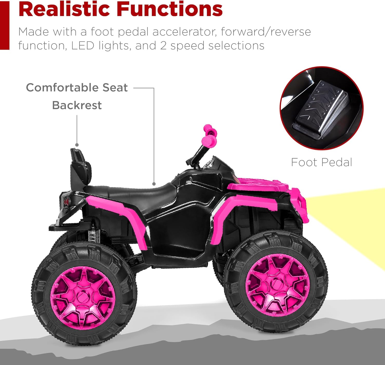 Best Choice Products 12V Kids Ride-On Electric ATV, 4-Wheeler Quad Car Toy w/Bluetooth Audio, 3.7mph Max Speed, Treaded Tires, LED Headlights, Radio - Hot Pink