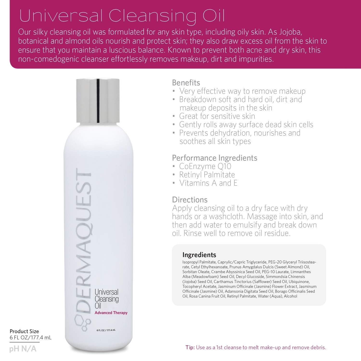 DermaQues Advance Therap Universa Ant Agin Cleansin Oi an Makeu Remove Fo Dry Oil an Sensitiv Ski Nourishe Soothe Non-Comedogeni (6oz)