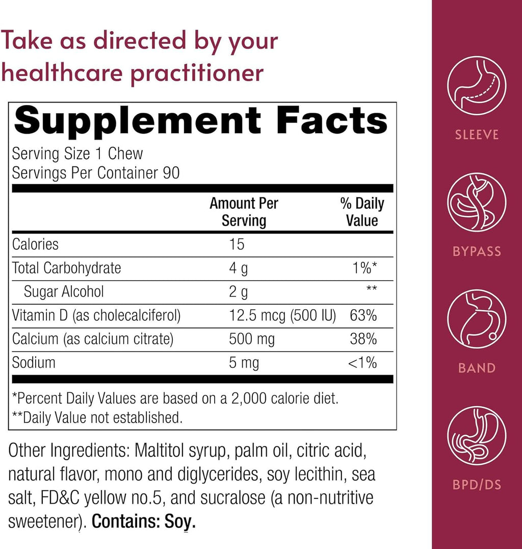 Bariatric Advantage Calcium Citrate Chewy Bites 500 mg with Vitamin D3 - Chewable Supplement for Bariatric Surgery Patients - Sugar-Free Calcium Chews - Lemon - 90 Count