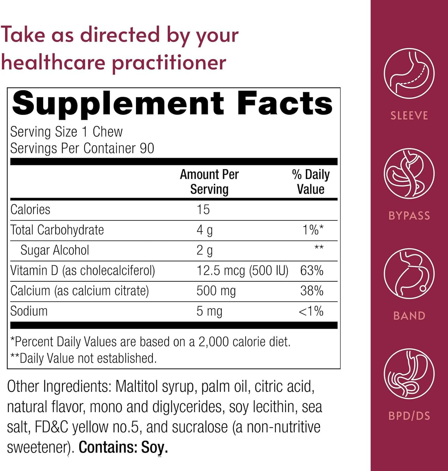 Bariatric Advantage Calcium Citrate Chewy Bites 500 mg with Vitamin D3 - Chewable Supplement for Bariatric Surgery Patients - Sugar-Free Calcium Chews - Lemon - 90 Count