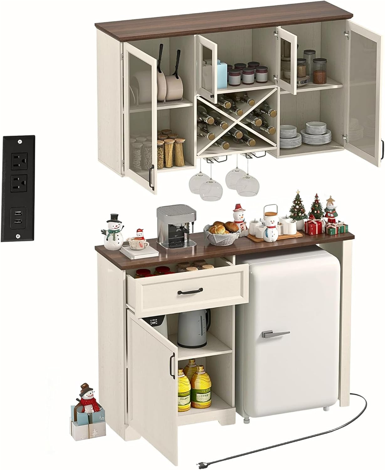 YITAHOM Min Fridg Cabine an Wal Pantr Hutc Set Coffe Ba Cabinet wit Min Fridg Spac Storage Outlet Glas Rac an Beverag Statio fo Kitchen Hom Bar Dinin Room Whit Walnut