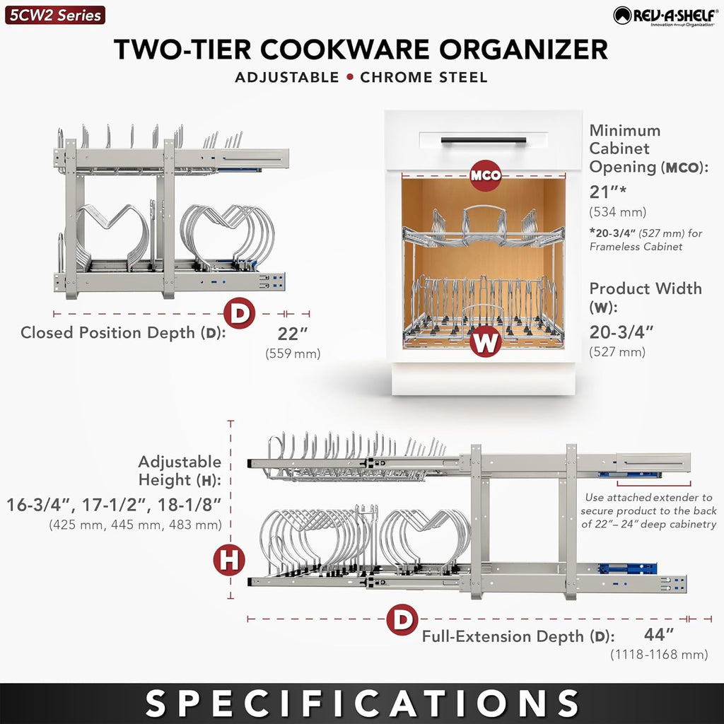 Rev-A-Shelf 2-Tier Kitchen Cabinet Pullout 20.75inch Cabinet Organizer for Pots, Pans, and Lid Cookware, Adjustable Heavy Duty Wire, Chrome, 5CW2-2122-CR