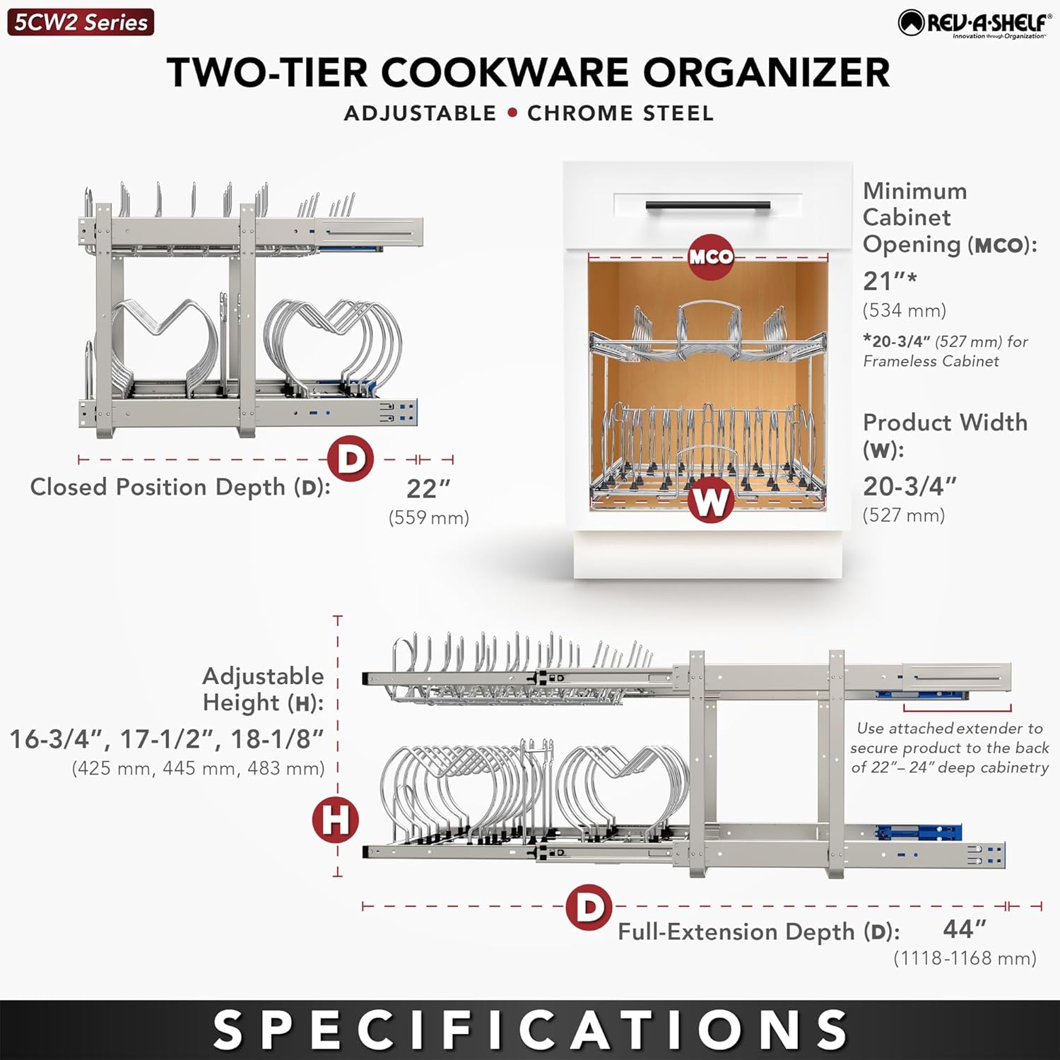Rev-A-Shelf 2-Tier Kitchen Cabinet Pullout 20.75inch Cabinet Organizer for Pots, Pans, and Lid Cookware, Adjustable Heavy Duty Wire, Chrome, 5CW2-2122-CR