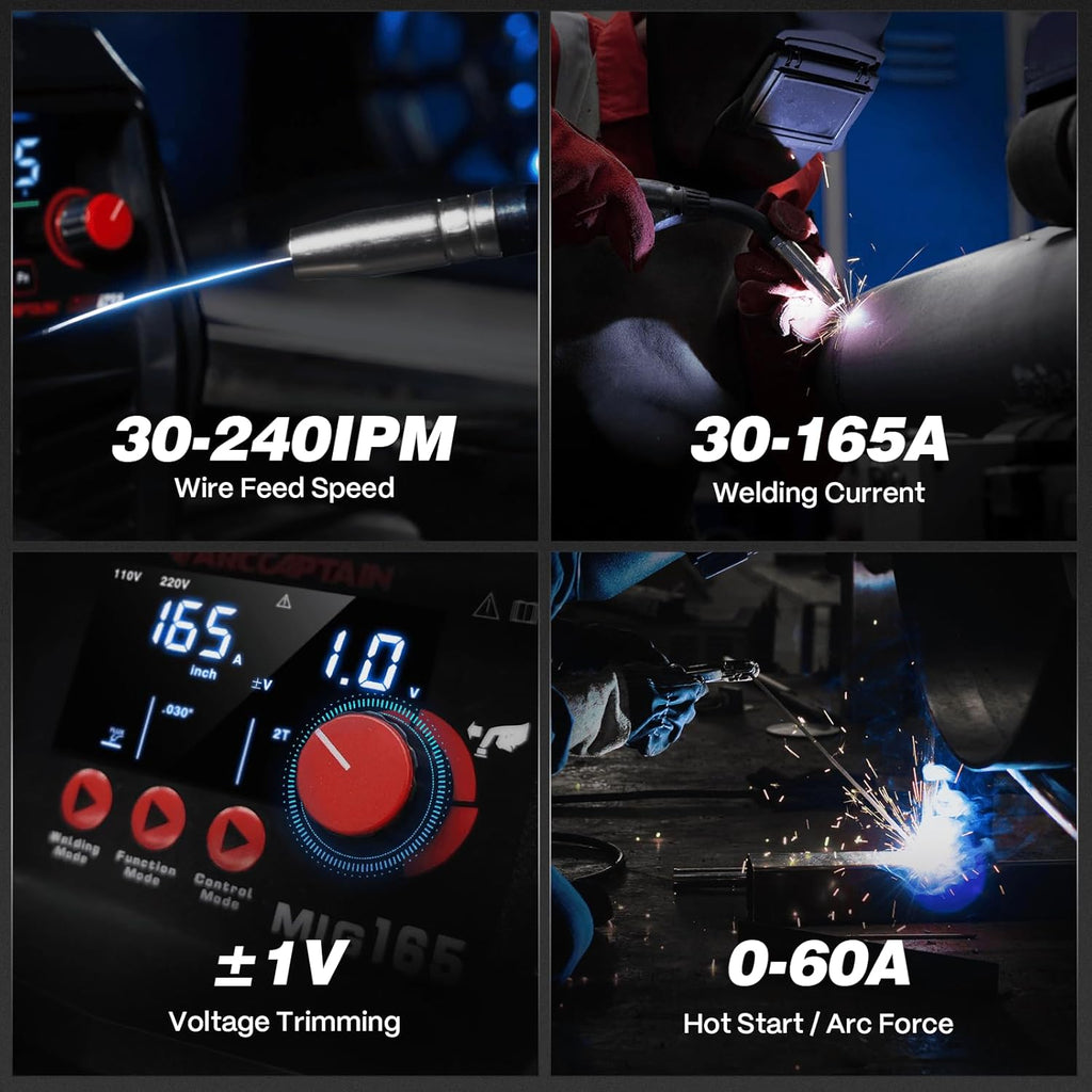 ARCCAPTAIN 165A MIG Welder 110V/220V, 2025 Newest [Large LED Display] 4 in 1 Gasless/Gas MIG/Lift TIG/Stick Welding Machine Multiprocess Welder Machine, IGBT Inverter Welder with Synergy, 2T/4T