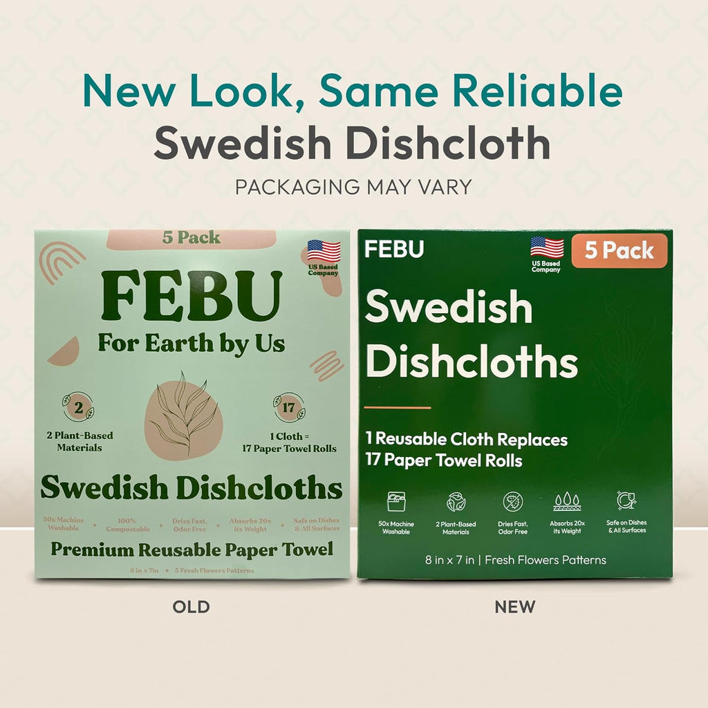 FEBU Swedish Dishcloths for Kitchen | 5 Pack Fruit Pattern Reusable Paper Towels Washable | Swedish Dish Towels | Non-Scratch Cellulose Sponge Cloths | No Odor, Biodegradable Cleaning Cloths