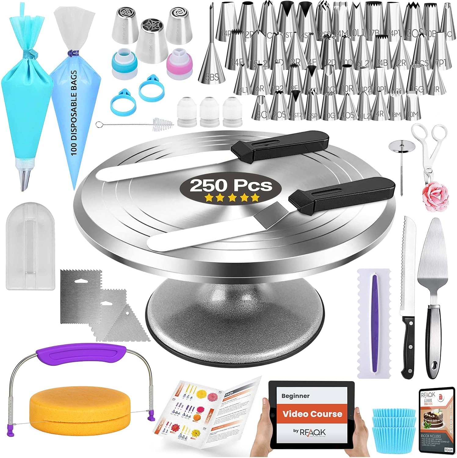 RFAQ 25 PC Aluminu Cak Decoratin Tool Ki wit 12inc Meta Turntabl Knif set-4 Numbere Icin Tips- Russia Pipin Nozzles-Straigh Angle Spatula-Cak Leveler Bakin Supplie Tools