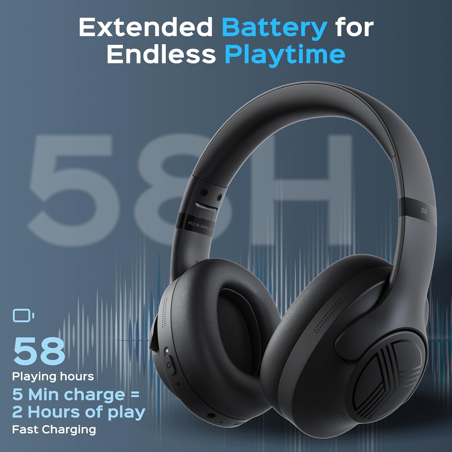 TREBLAB Z2 Hybrid Active Noise Cancelling Workout Headphones - Signature-HD Sound, Deep Bass, 58H Battery, Comfortable, Foldable Over Ear Bluetooth Headphones Wireless w/Mic for Calls, for Gym, Sport