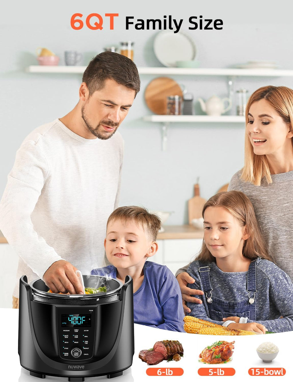 Nuwav Due Electri Pressur Cooke Ai Frye Combo 45 I Slo Cooke Gril wit Integrate Digita Tem Probe 6q S Pot Adjustabl High/Lo Pressure Built-i Sure-Loc Safet Tech