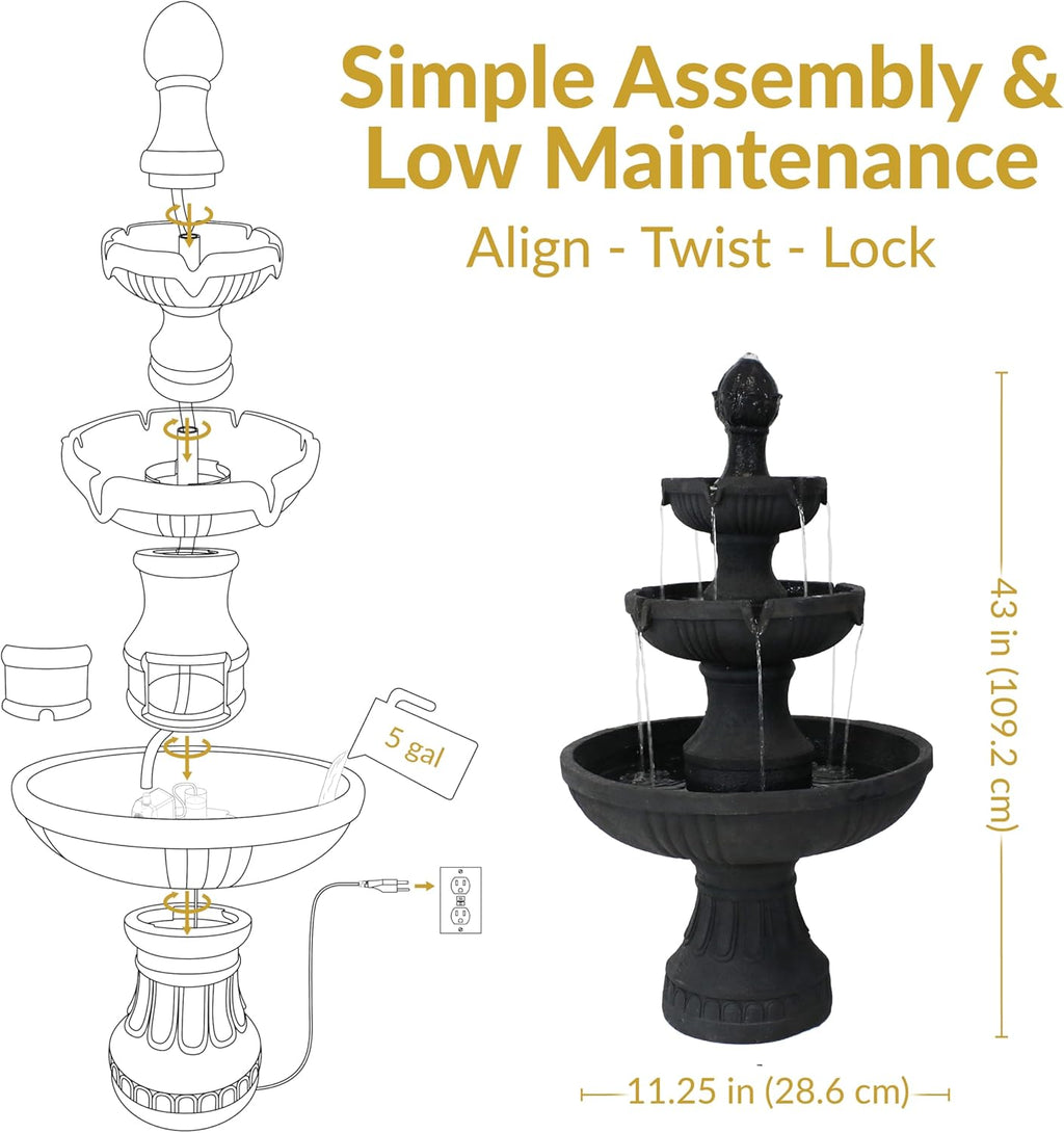 Sunnydaze Flower Blossom 43-Inch Electric Water Fountain - Outdoor Water Feature - 3-Tier Fountain - Black Finish