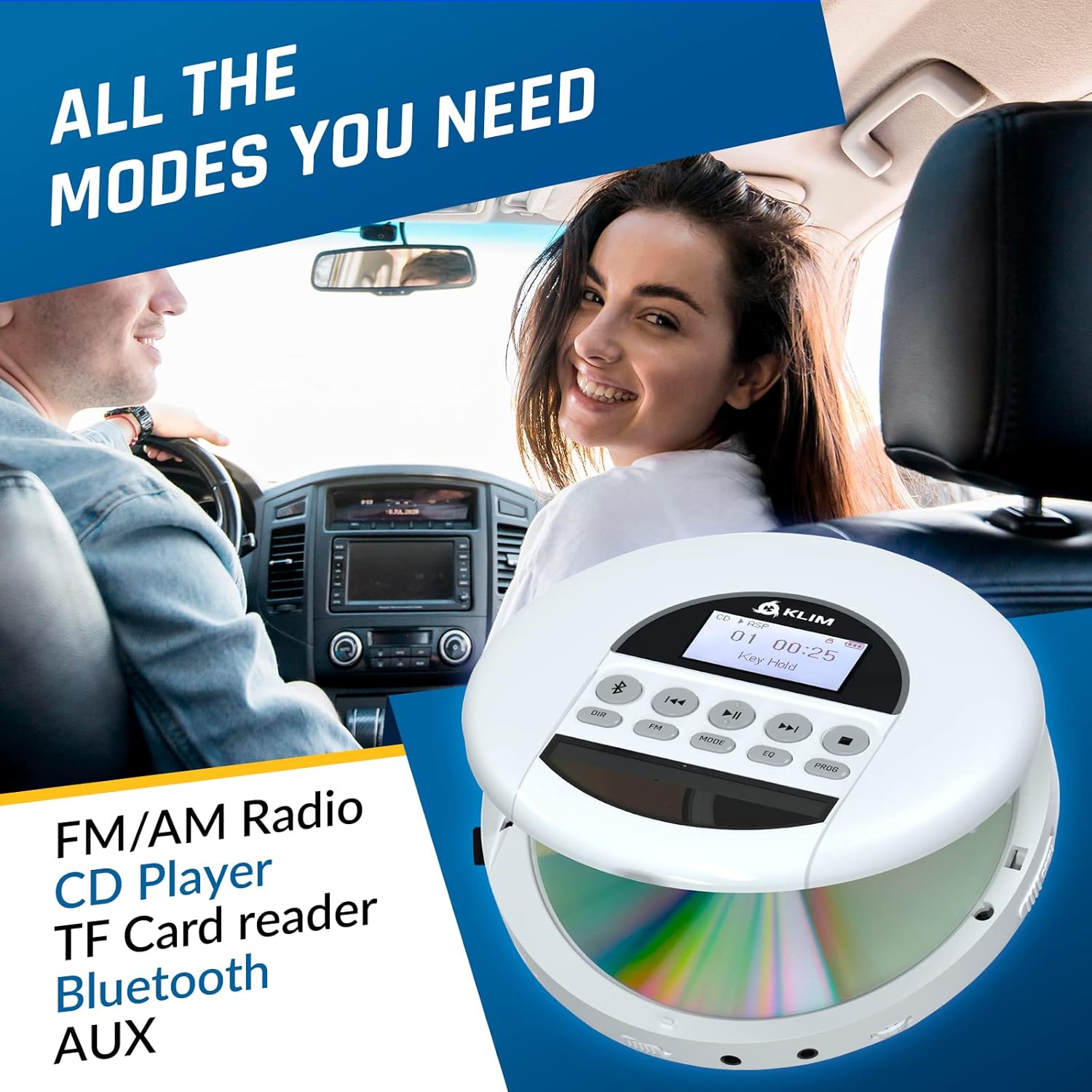 KLIM Nomad - New - Portable CD Player with Long-Lasting Battery - with Headphones - Radio FM - Compatible MP3 CD Player Portable - TF Card Radio FM Bluetooth - Ideal for Cars - White