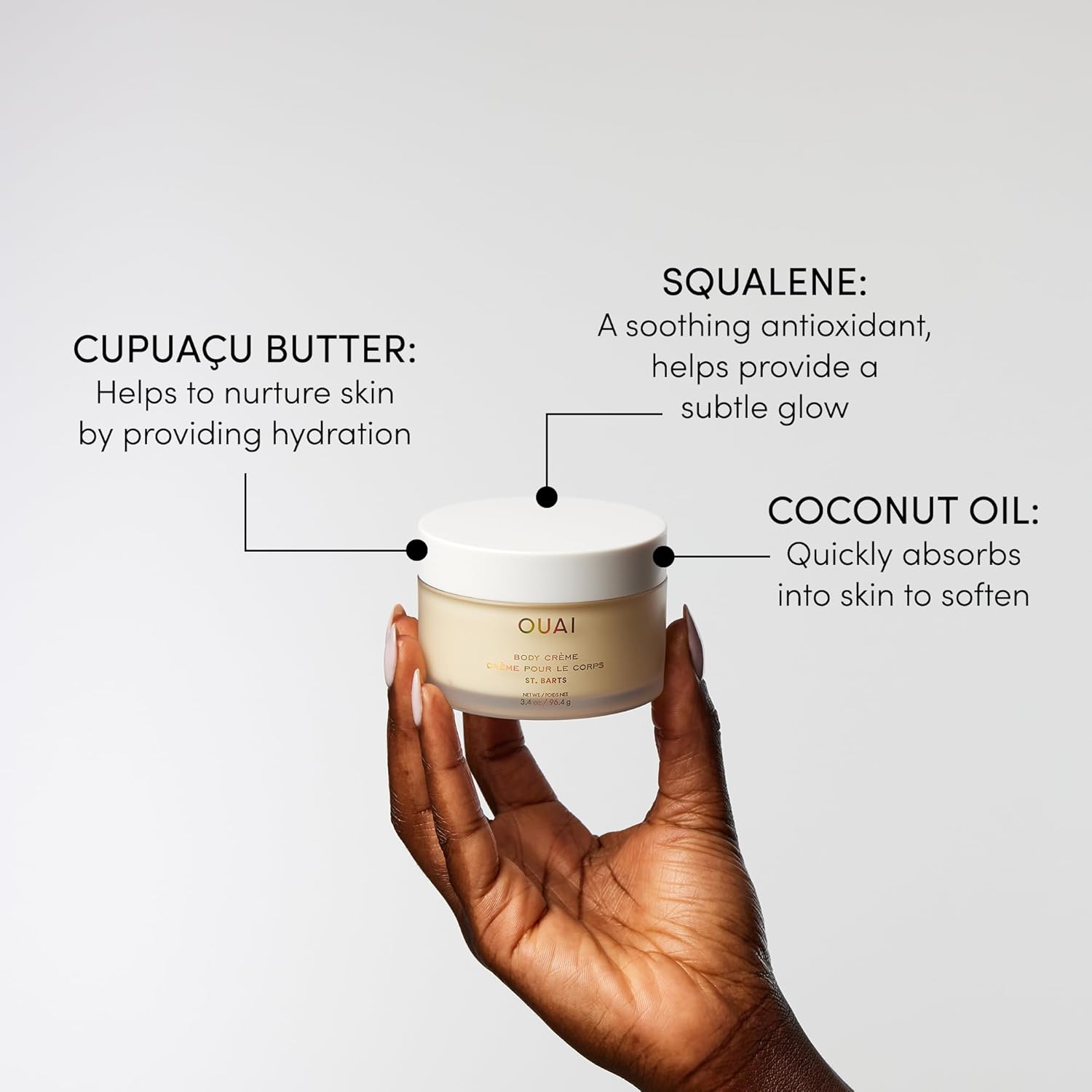OUAI Body Creme, St. Barts Travel Size - Hydrating Whipped Body Cream with Cupua?u Butter, Coconut Oil & Squalane - Softens Skin & Delivers Radiant Glow - Sulfate-Free Skin Care (3.4 oz)