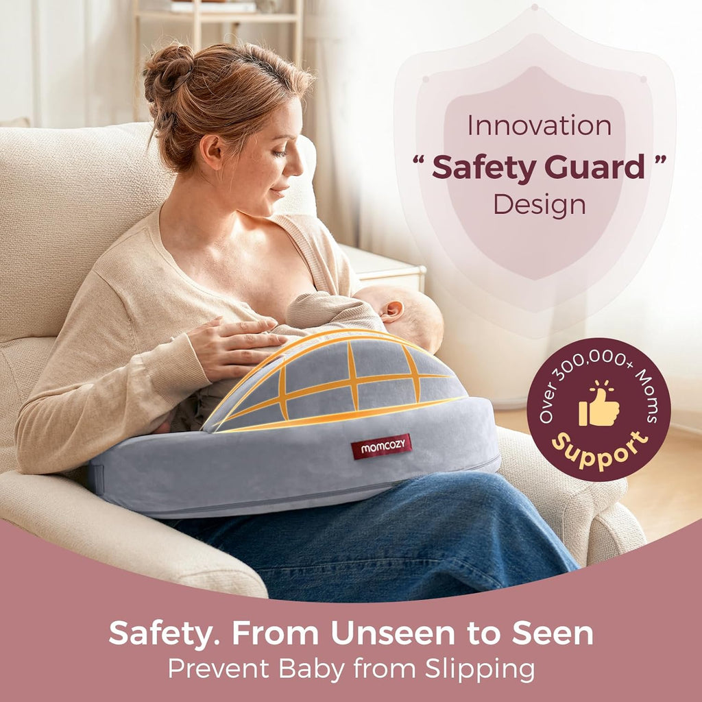 Momcozy Innovative Safety Fence Nursing Pillow - Firm Springy Memory Foam - Stable, Ergonomic Support Comfort - Wider Breastfeeding Cushion, Adjustable, Removable Cover, Baby Safety Certified