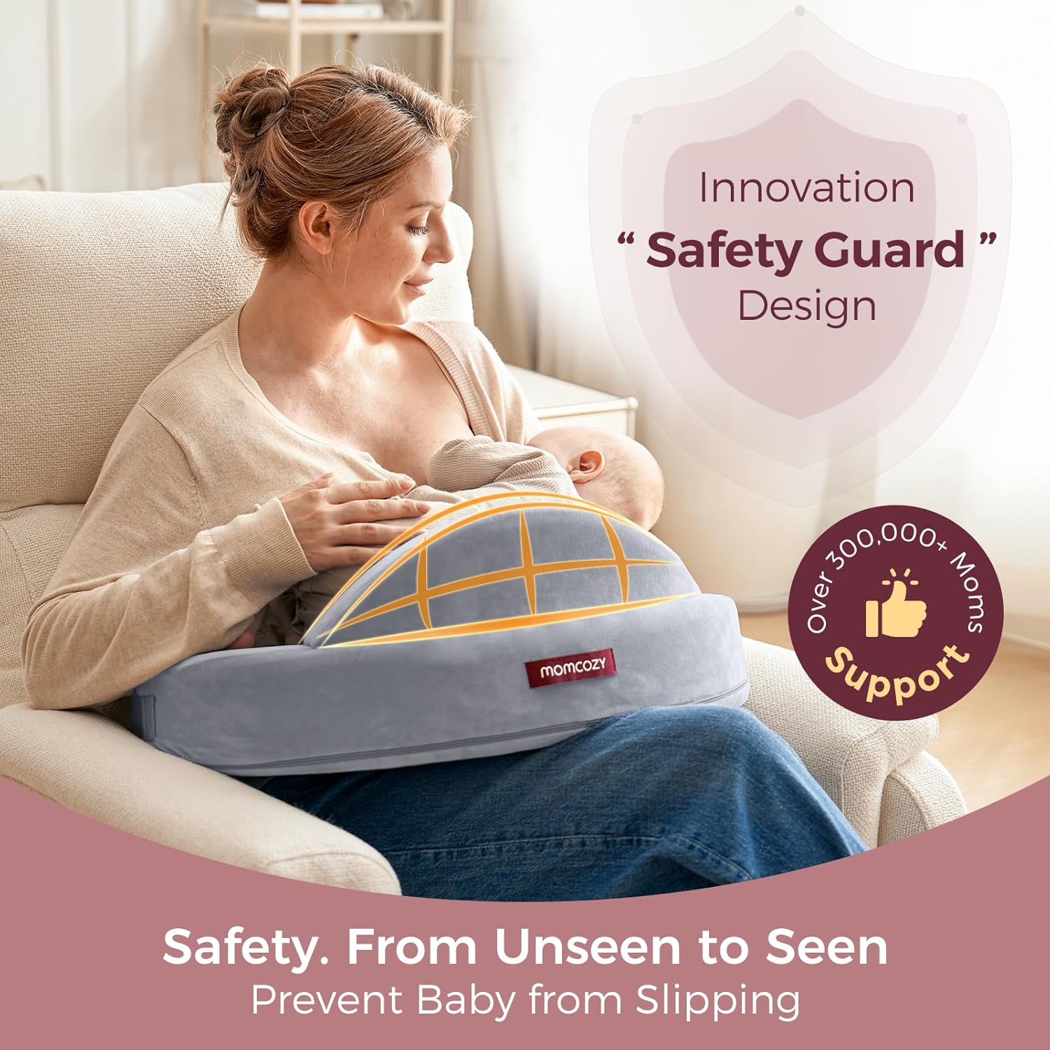 Momcozy Innovative Safety Fence Nursing Pillow - Firm Springy Memory Foam - Stable, Ergonomic Support Comfort - Wider Breastfeeding Cushion, Adjustable, Removable Cover, Baby Safety Certified
