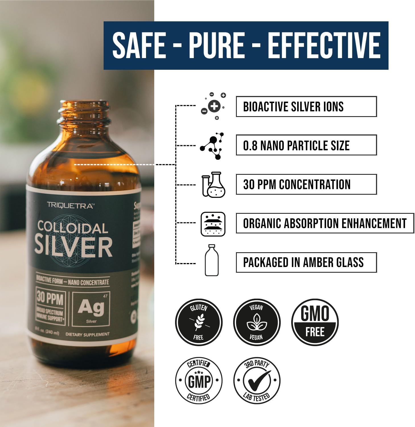 Colloidal Silver - 8 oz, Glass Bottle, Vegan, Safe Doses with Highest Effectiveness - Nano Ions, 30 PPM - Immune Support (48 Servings)