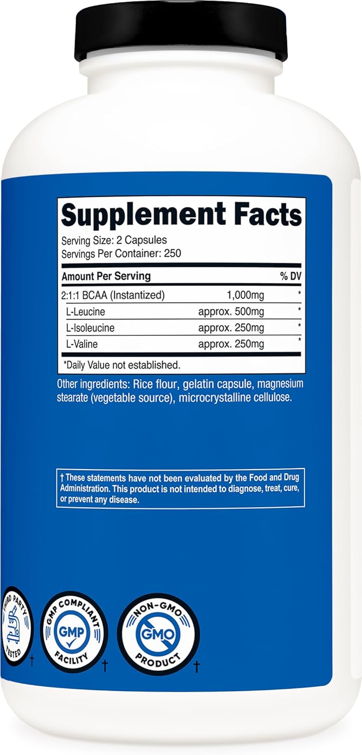 Nutricos BCA 1000mg 50 Capsule (25 Serv) 2:1: Branche Chai Amin Acid (500m o L-Leucine 250m o L-Isoleucin an L-Valine)
