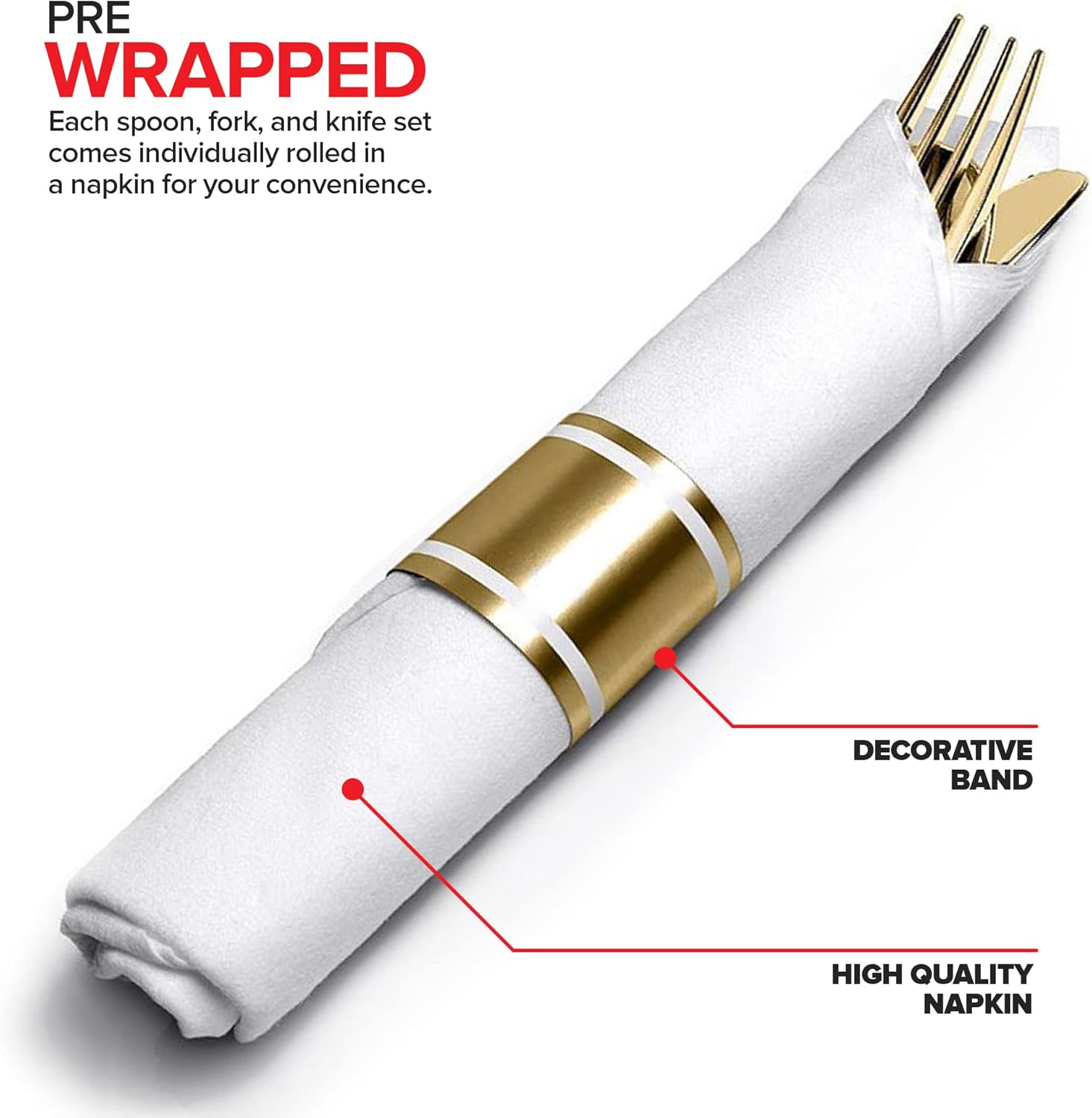 Pre Rolled Plastic Silverware Sets for Parties (25 Pack) Gold Cutlery Set, Disposable Spoons, Forks, Knives, Napkins Prewrapped, Heavy Duty Utensils Individually Wrapped for Wedding, Thanksgiving