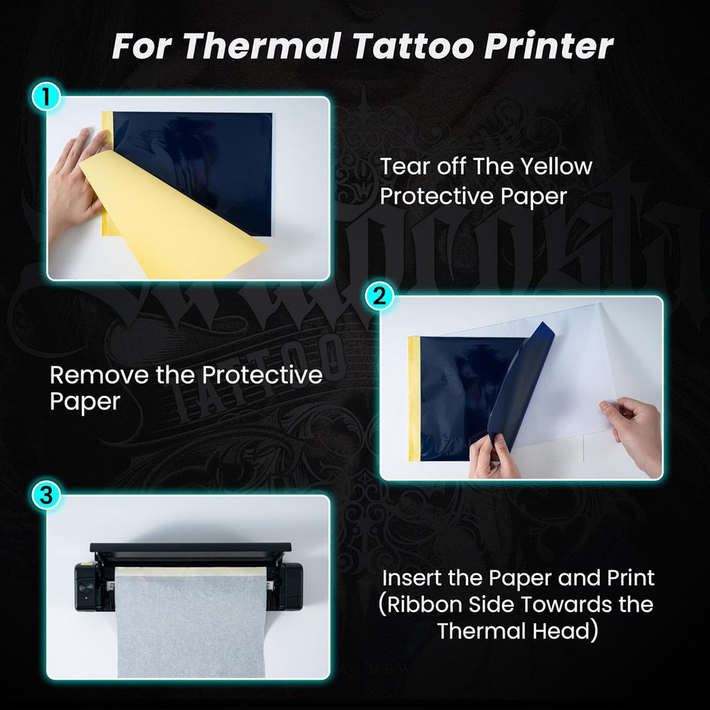 TATTMUS Tatto Transfe Paper 100pc A Siz 8.26inc 11.69inch Therma Stenci Paper Layer Tracin Paper Compatibl wit M08F/A886/A887/P90/ITP0 Printe Tatto Ki Supplies