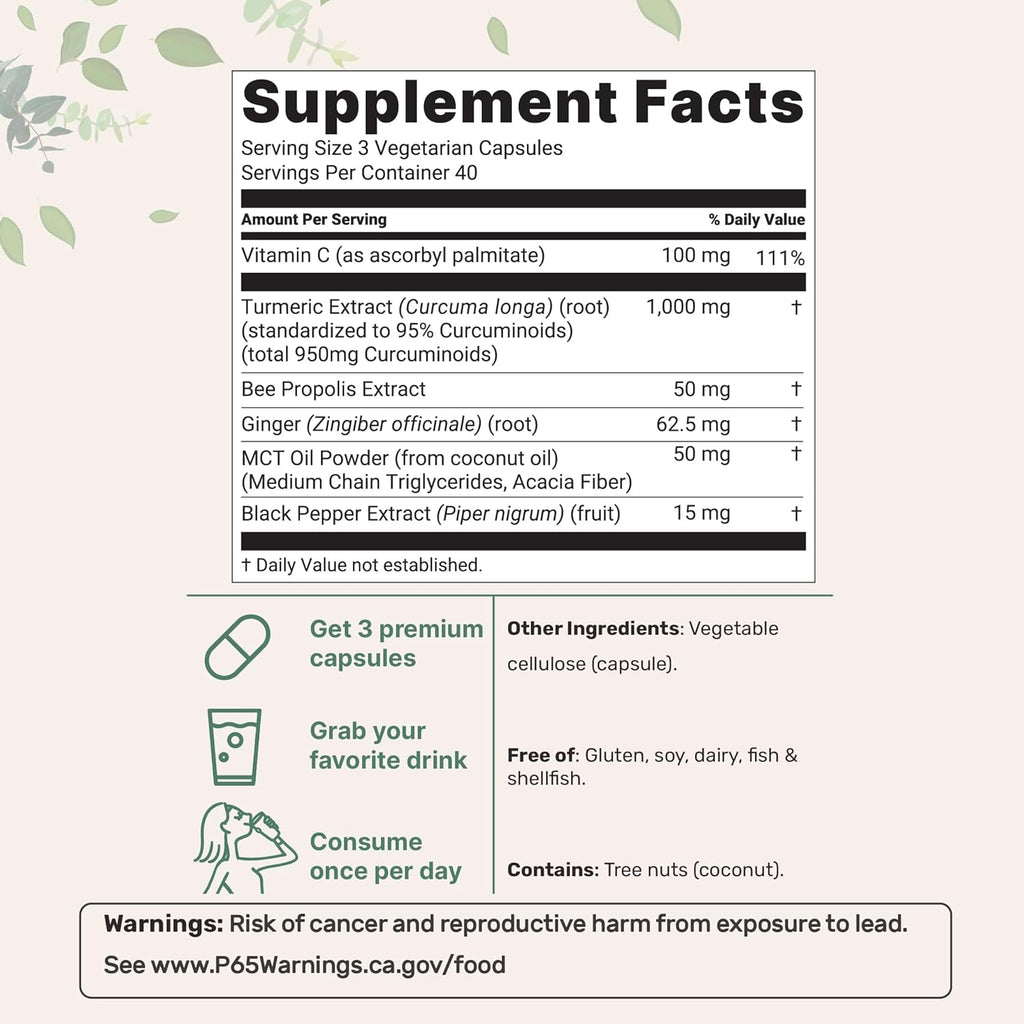 Pure Turmeric Curcumin Supplement 1,000mg | 95% Curcuminoids | 120 Veggie Capsules with Bee Propolis, Ginger, MCT Oil, Fat Soluble Vitamin C, & Black Pepper for Better Absorption | Filler Free