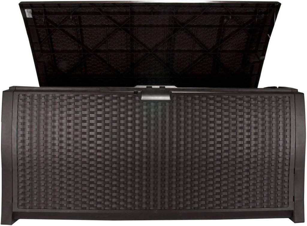 99 Gallon Plastic Wicker Deck Box Container Storage for Garden, Garage, Home, Pool, Indoor and Outdoor Use, Mocha (2 Pack)