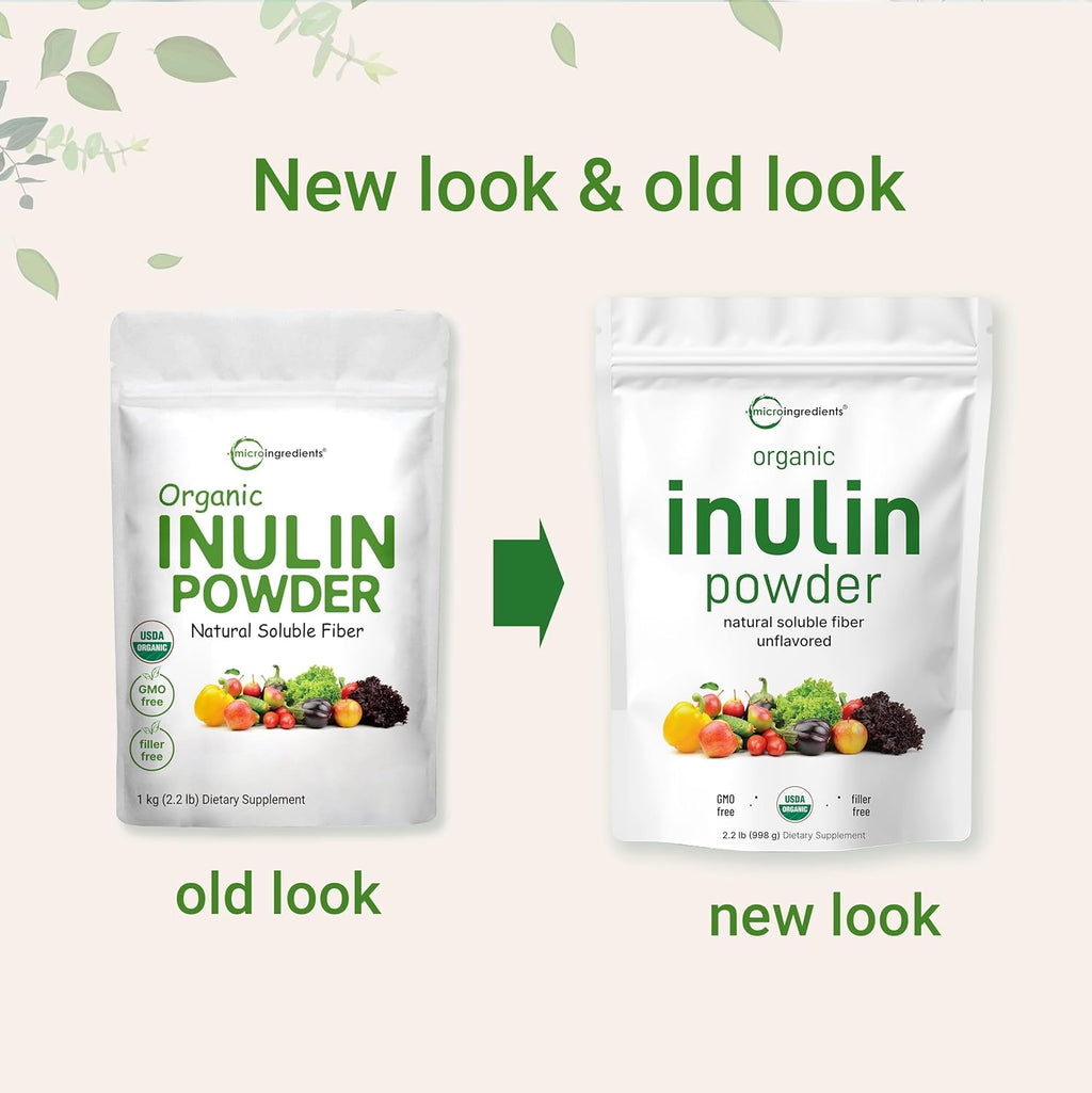 Micro Ingredients Organic Inulin FOS Fiber Powder, 2.2 lbs | Quick Water-Soluble Prebiotic | Natural Fiber for Smoothies Drinks | Vegan Friendly, Dissolves Clear