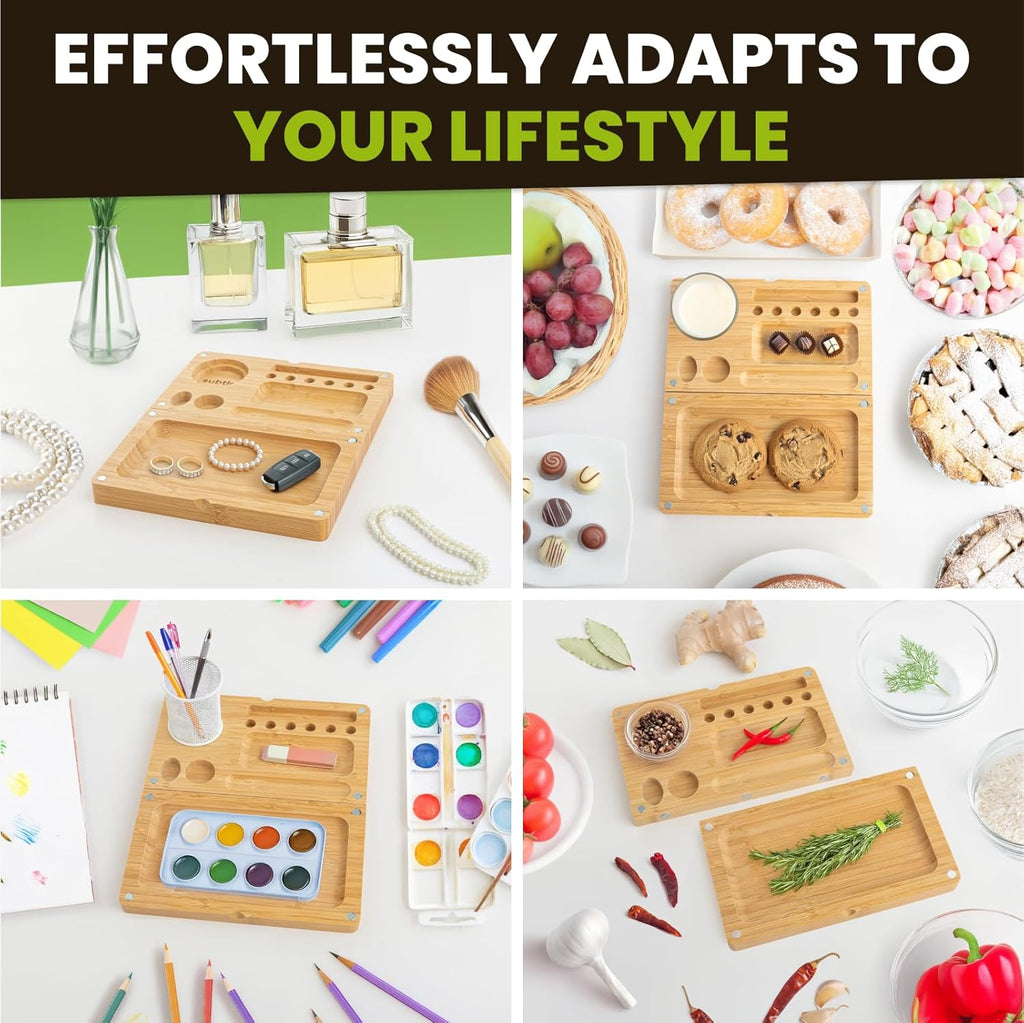 Foldable Bamboo Tray with Magnetic Lid - Durable, Easy to Clean - Portable, Perfect for Home Storage or Travel, Decorative-Tray - Gifts for Him - 8.5inch x 5inch