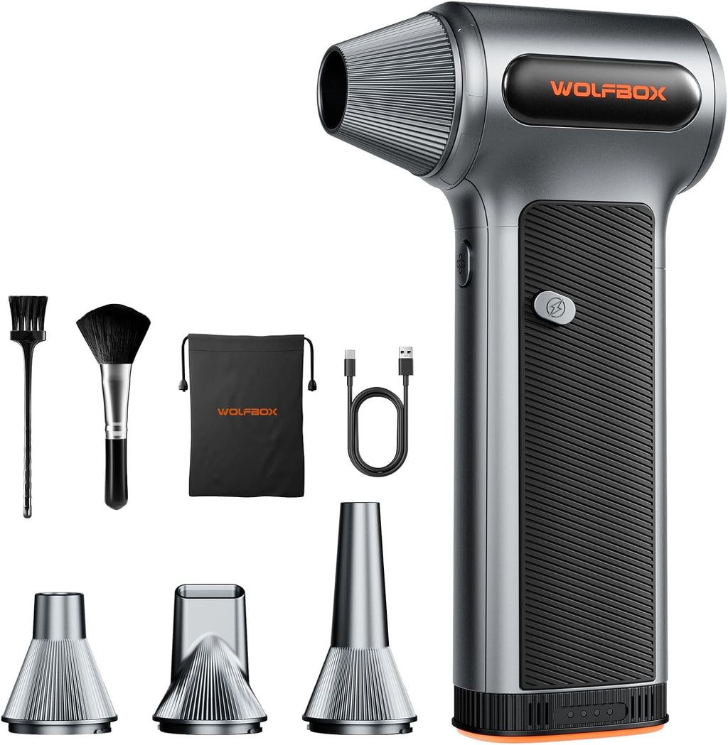 WOLFBO MF20 Compresse Ai Duste wit Removabl Batter  Nozzles Cordles 3-Spee Adjustabl Min Blowe fo Compute Keyboard Ca Cleaning Home an Outdoo Use