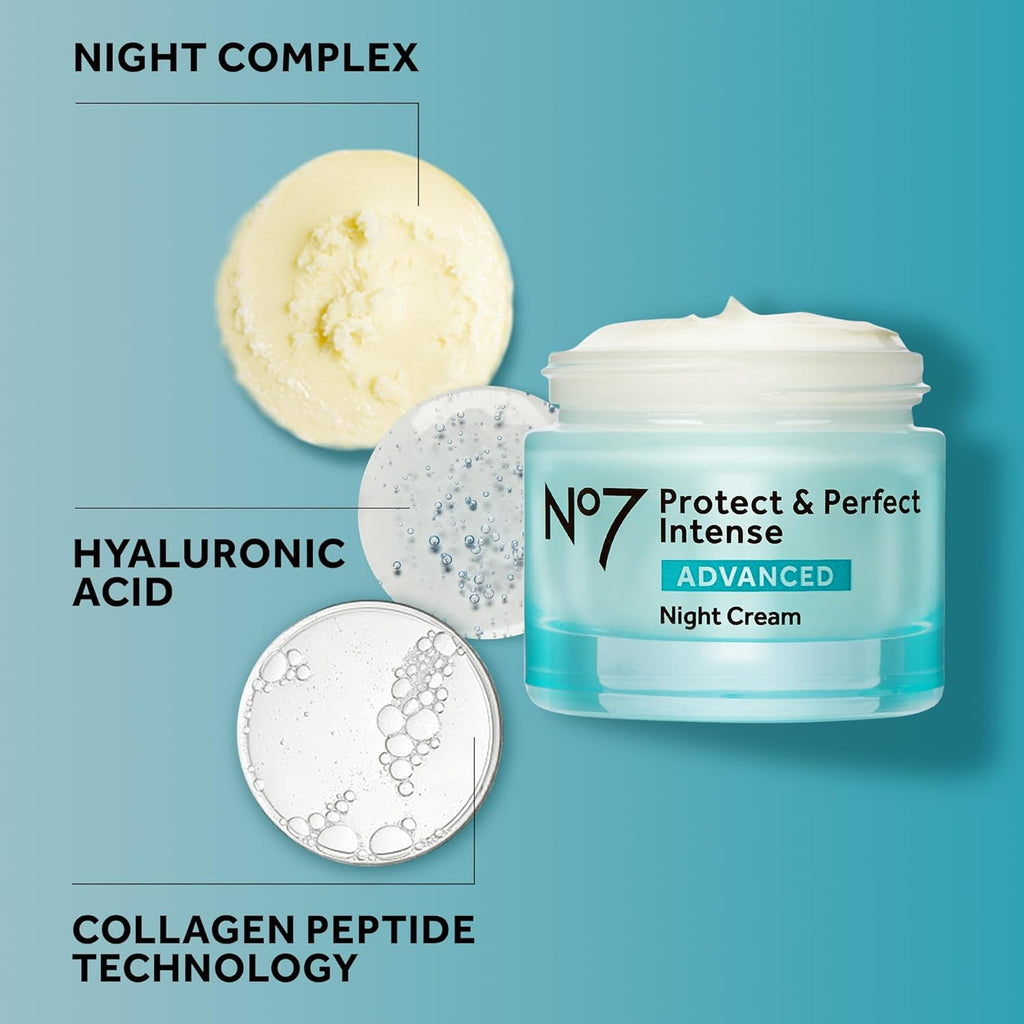No7 Protect Perfect Intense Advanced Night Cream - Vitamin E Shea Butter Face Cream - Fine Line Reducing Moisturizer with Collagen Peptide Technology (1.69 fl oz)
