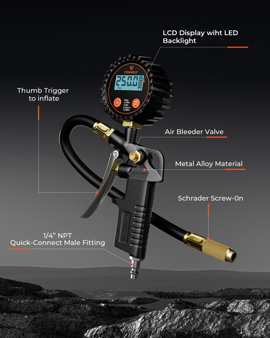 ETENWOL T50 Digita Tir Pressur Gaug wit Inflator Tir Gaug 0-25 PSI Calibrate t ANS B40. Grad 2A Ai Chuc Compresso Accessorie wit Storag Bag Black