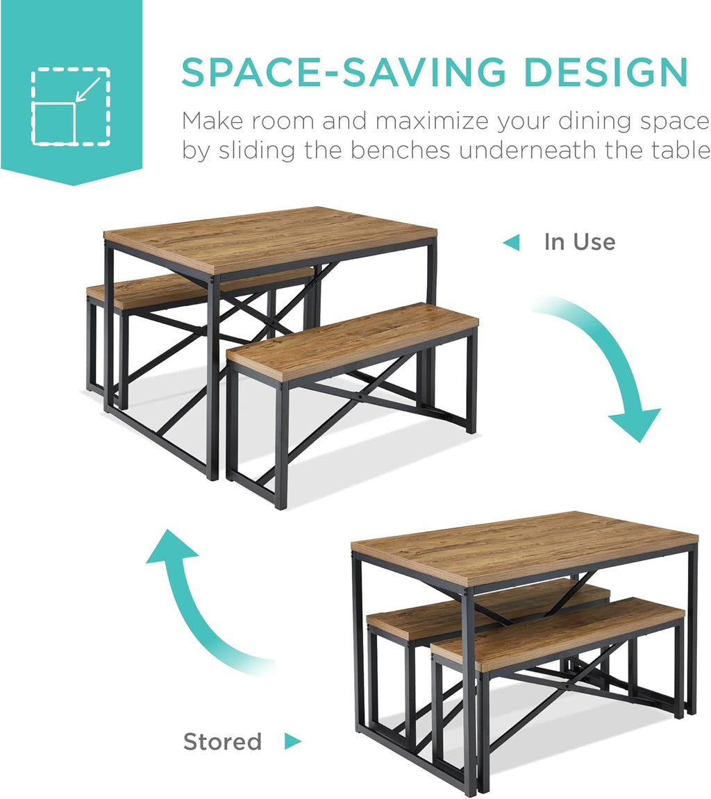 Best Choice Products 45.5in 3-Piece Bench Style Dining Furniture Set, 4-Person Space-Saving Dinette for Kitchen, Dining Room w/ 2 Benches, Table - Light Brown/Black