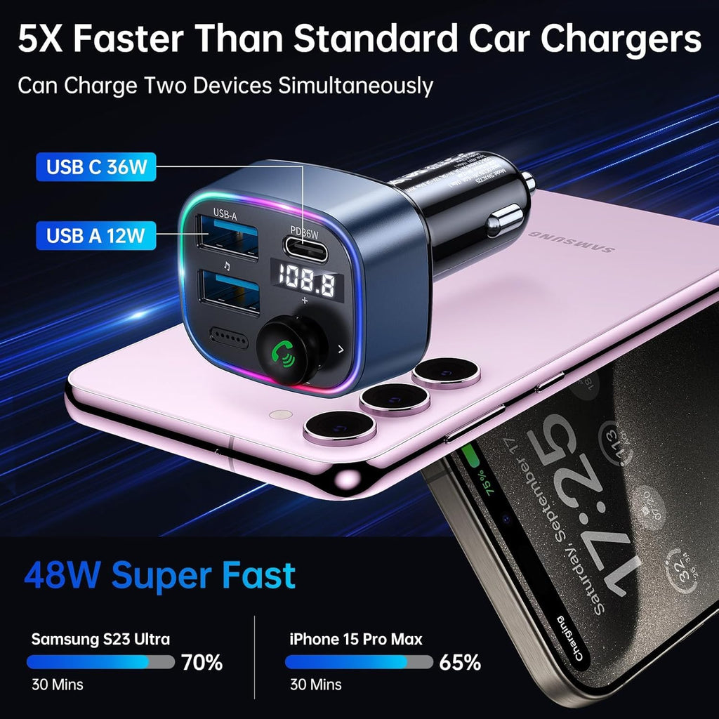 Syncwire Bluetooth 5.3 FM Transmitter Car Adapter 48W(PD 36W 12W) [Light Switch] [Hi-Fi Deep Bass] [Fast Charging] Wireless Radio Music Adapter LED Display Hands-Free Calling Support USB Drive