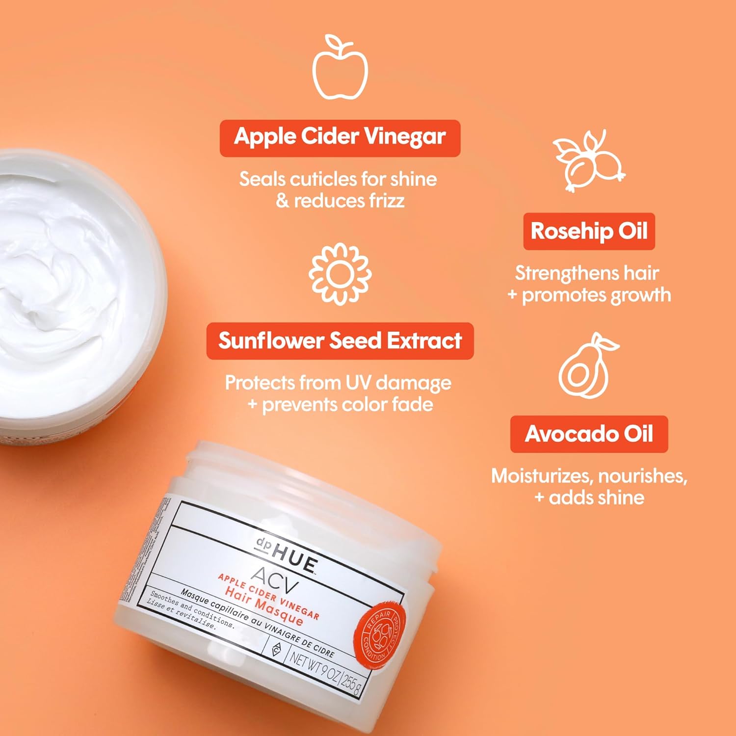 dpHU Appl Cide Vinega Hai Masque o Dee Conditionin Treatmen fo Dry Damaged Color-Treate Hai Mad wit Avocado Rosehi Coconu Oils