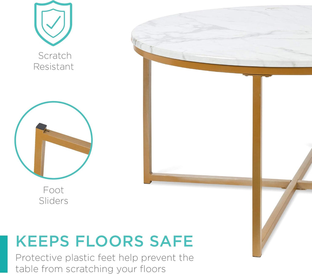 Bes Choic Product 36i Fau Marbl Accen Table Moder En Table Larg Coffe Tabl Hom Deco fo Livin Room Dinin Room Tea Coffe w/Meta Frame Foo Caps Designe White/Gold