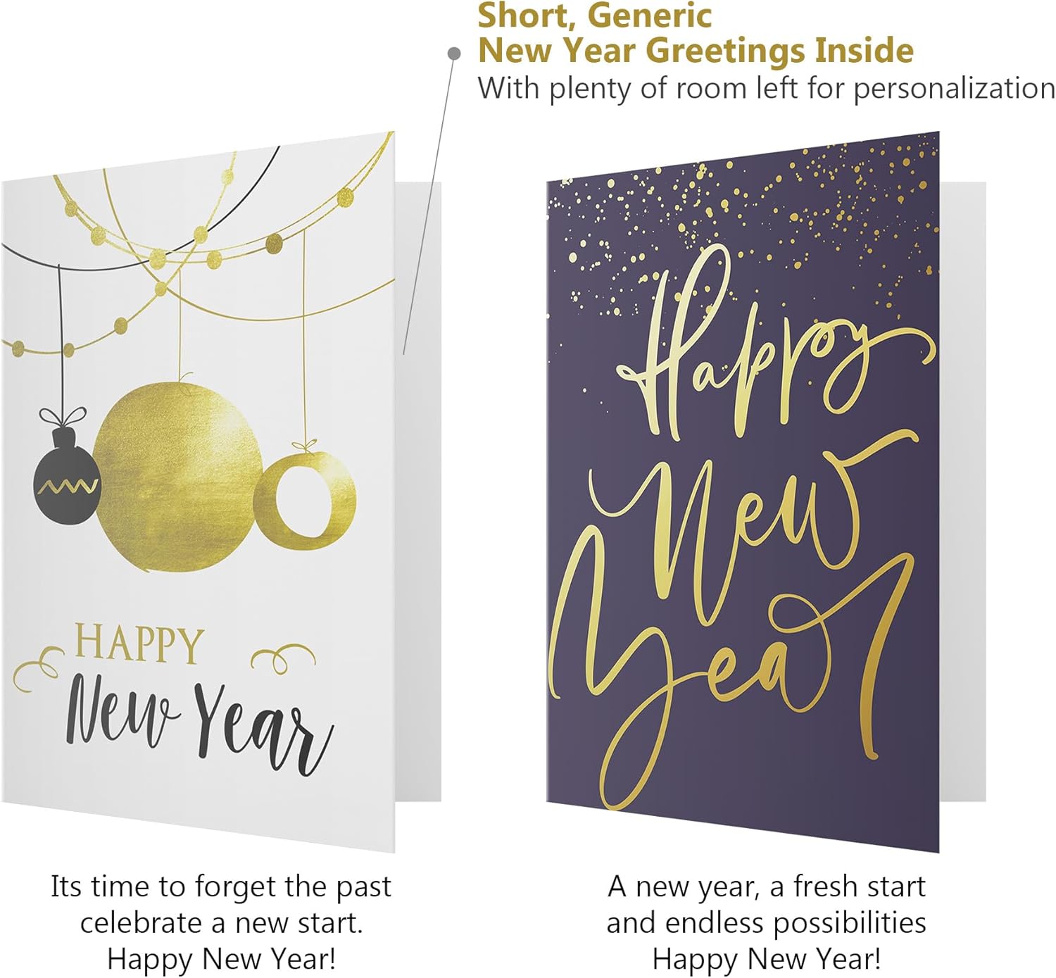 Dessie Boxed Happy New Year Cards - 30 Luxurious Large 5x7 inch Greeting Cards in Vibrant Colors with Gold Foil Accents, Short Greetings Inside. Includes 32 White Envelopes and Sturdy Storage Box