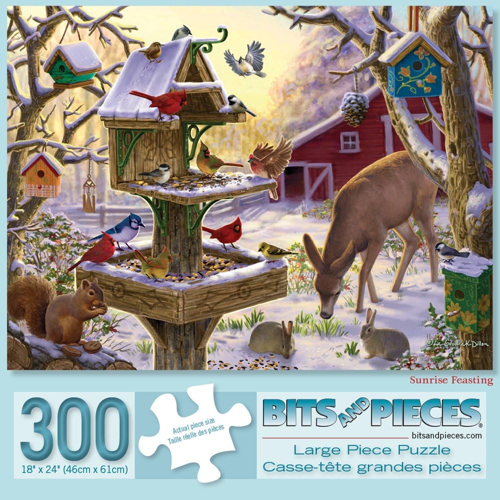 Bits and Pieces ¨C Value Set of Two 300 Piece Jigsaw Puzzles for Adults ¨C Building a Snowman on a Snow Day, Sunrise Feasting - Winter Snow Jigsaw Puzzles by Artist Liz Goodrick - Dillon