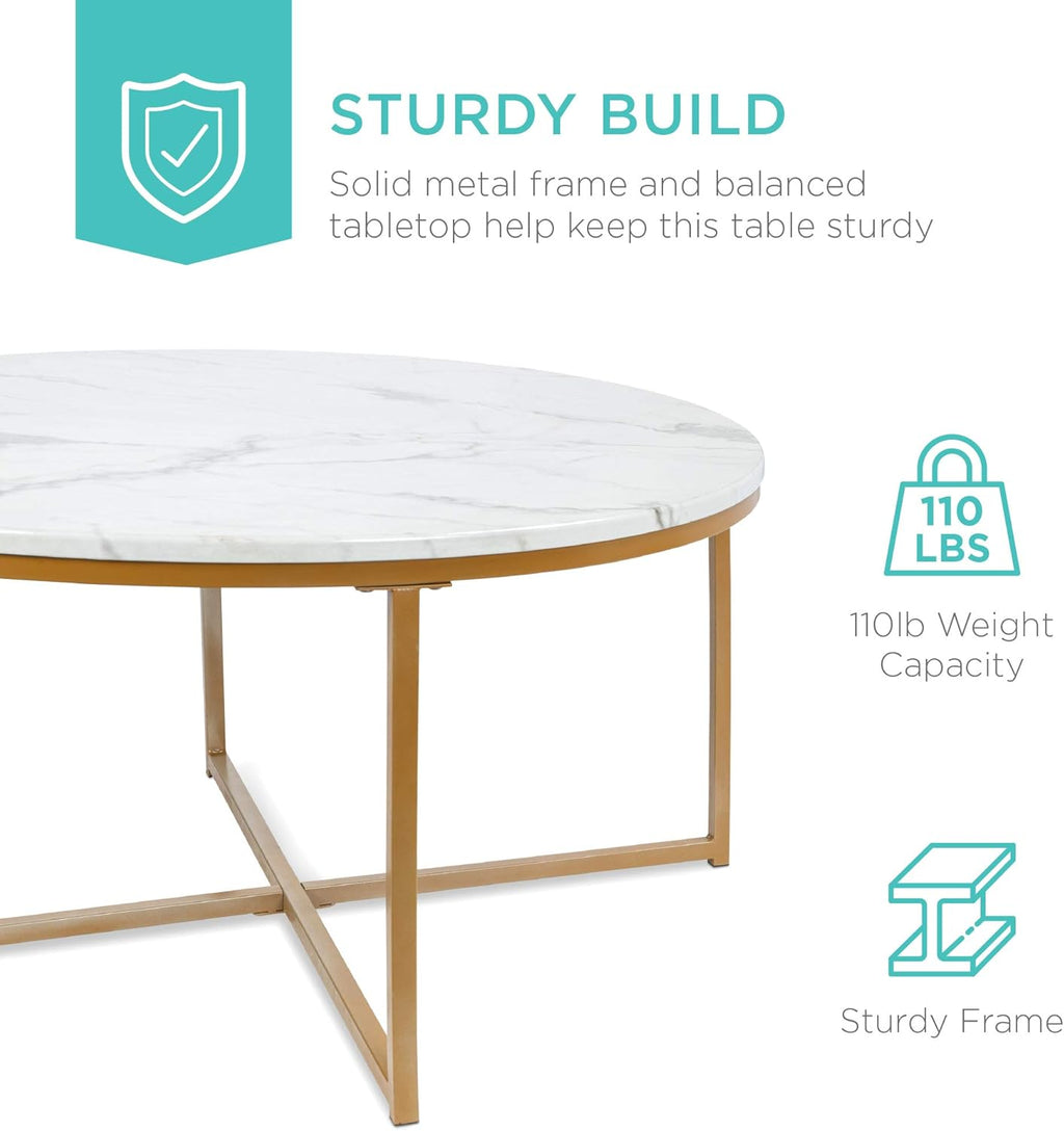Bes Choic Product 36i Fau Marbl Accen Table Moder En Table Larg Coffe Tabl Hom Deco fo Livin Room Dinin Room Tea Coffe w/Meta Frame Foo Caps Designe White/Gold