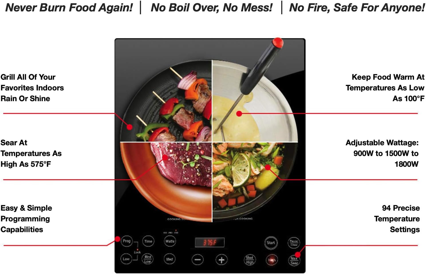 Pro Chef Induction Cooktop, NSF-Certified, Commercial-Grade, Portable, Powerful 1800W, Large 8¡± Heating Coil, 94 Temp Settings 100¡ãF - 575¡ãF in 5¡ãF, Shatter-Proof Ceramic Glass Surface