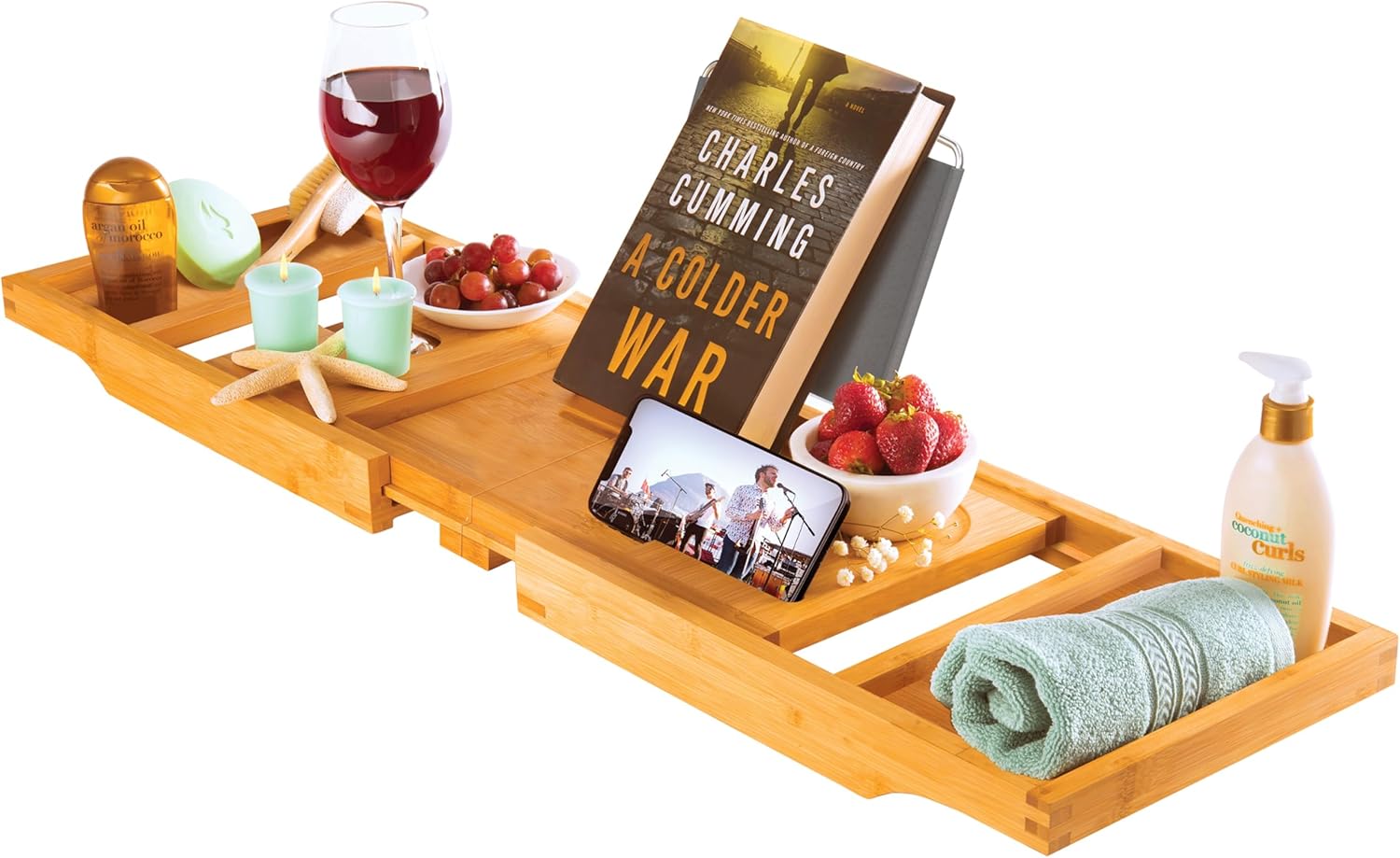 Wooden Bathtub Tray - Foldable Expandable Bamboo Bath Tray for Tub with Wine Holder, Book Tablet Stand - Bath Caddy for Bathtub, Spa Bath Accessories for Women, Tub Tray Table, Gift for Her or Him