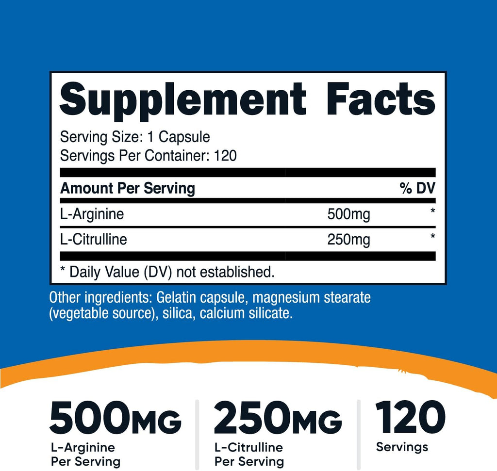 Nutricost L-Arginine L-Citrulline Complex 750mg, 120 Capsules - Non-GMO