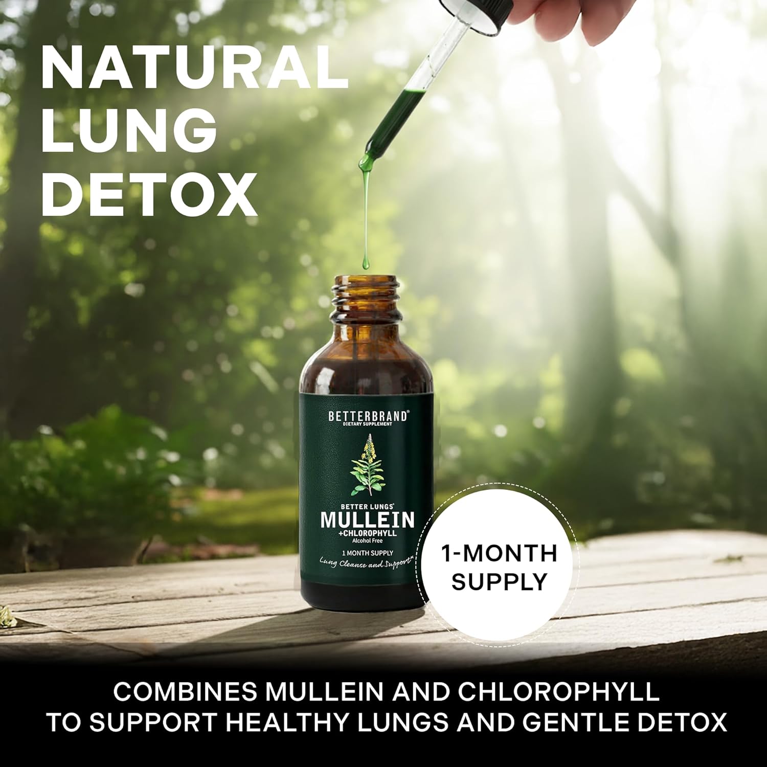 Betterbran Mullei Drop fo Lun Deto Mullei Lea Tinctur wit Chlorophyl Help Suppor Respirator Health Alcohol-Free Mont Suppl 60ml