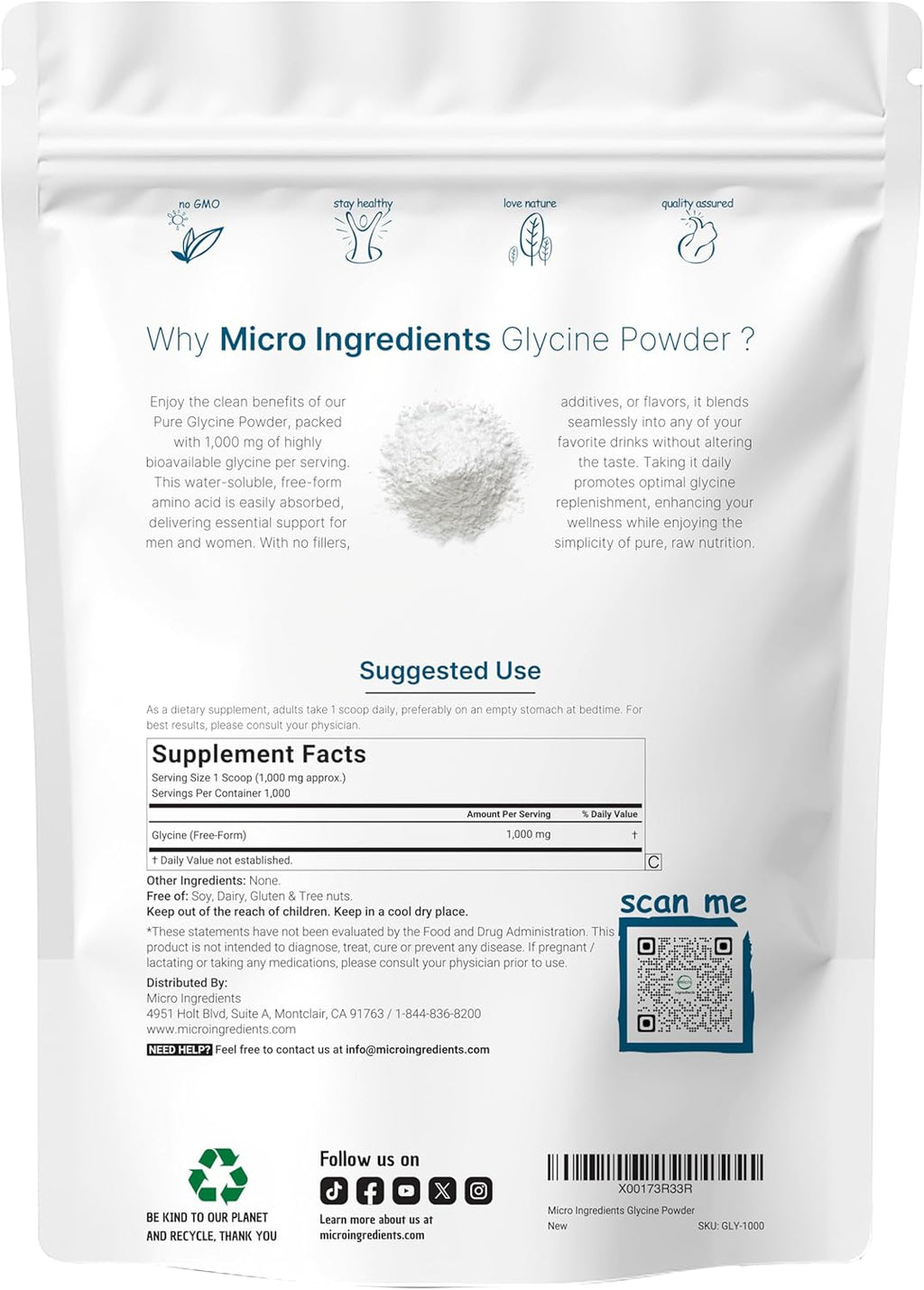 Micr Ingredient Glycin Powder 1K (2. Pounds) Glycin 1000m Pe Serving Support Restfu Slee an Neurotransmitter Wate Solubl an Product o USA