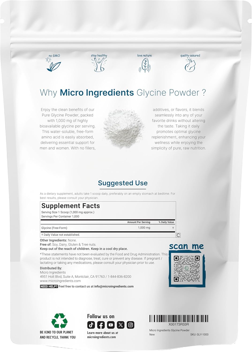 Micr Ingredient Glycin Powder 1K (2. Pounds) Glycin 1000m Pe Serving Support Restfu Slee an Neurotransmitter Wate Solubl an Product o USA