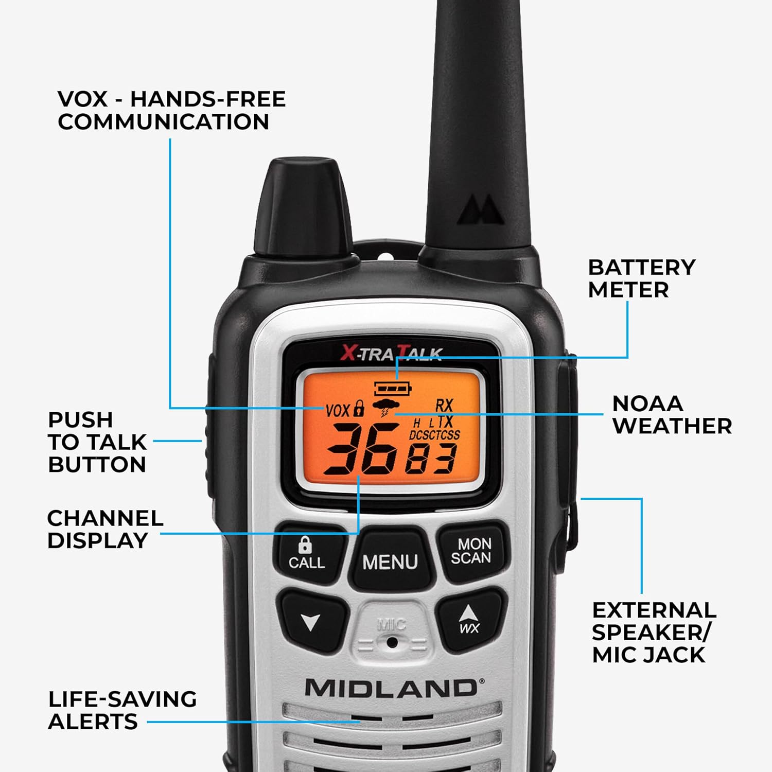 Midland LXT600VP4 FRS Business Walkie Talkies - Long Range 36-Channel Two-Way Radios with Headsets and Charging Base, NOAA Weather Alerts (2-Pack, Gray)