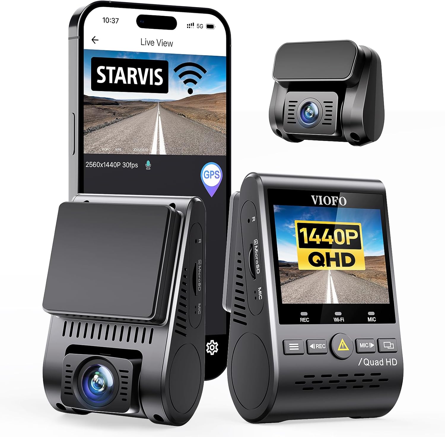 VIOF Dua Das Cam 2 1440 60fps+1080 30fp Fron an Rea Das Camer wit Wi-F GPS Parkin Mode Emergenc Recording Supe Capacitor Motio Detectio (A12 Plu Duo)
