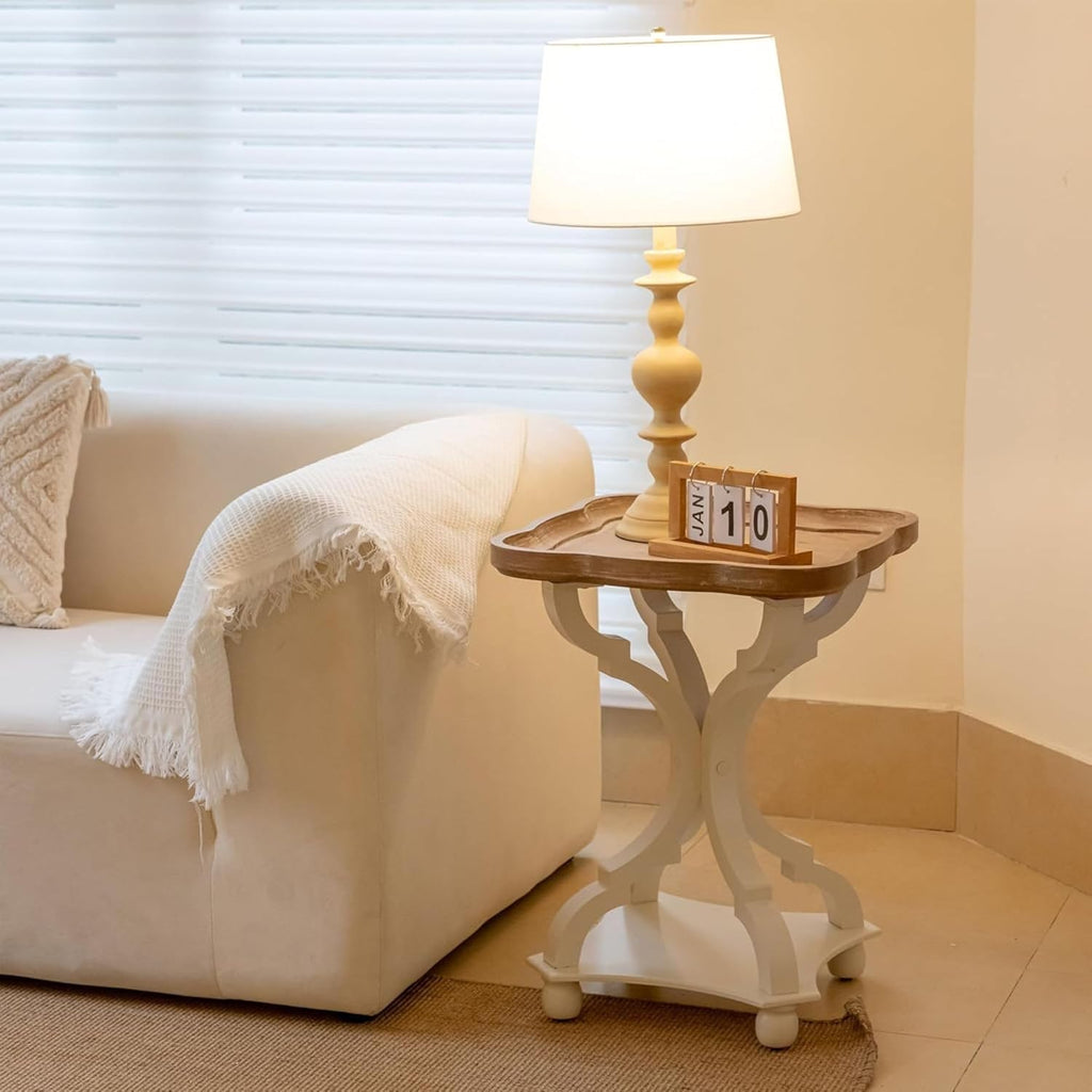 COZAYH Square End Table with Rustic Wood Tray Top and White Curved Legs, 19inchx19inchx25inch ¨C French Country Accent for Bedroom, Living Room, Dining or Entryway ¨C Farmhouse-Style Furniture Piece