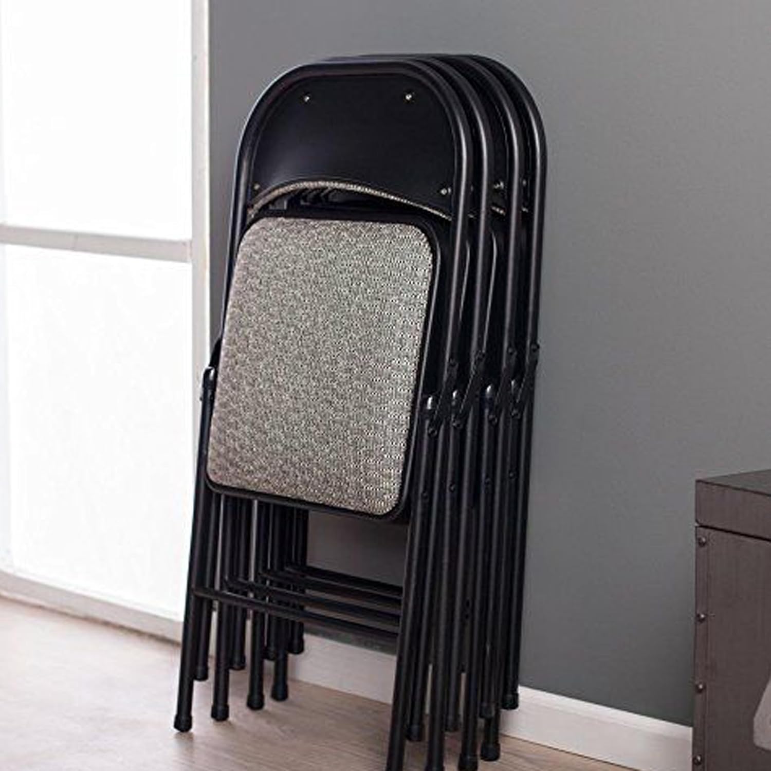 MECO 4 Pack Padded Folding Chairs, Cushioned Metal Fabric Foldable Chair, Black