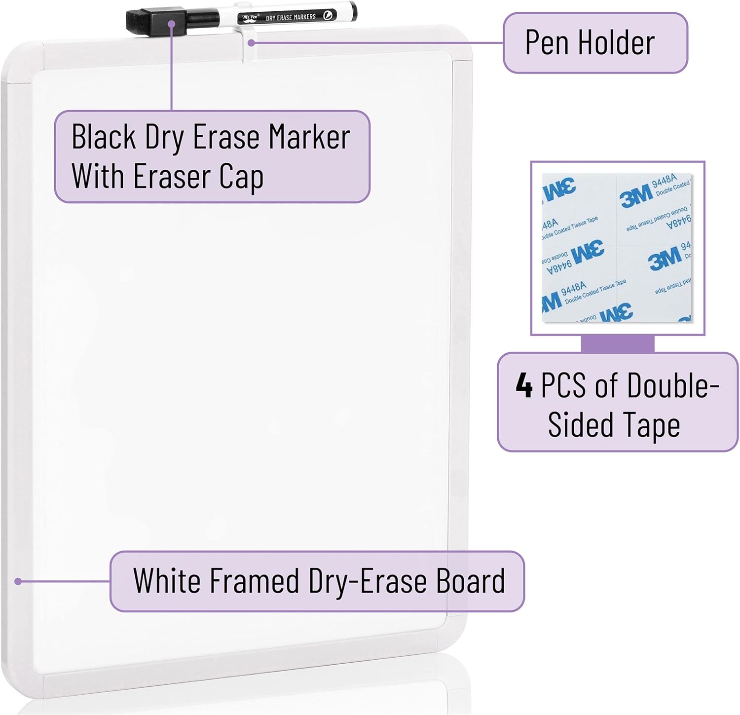 Dry Erase Board, 14¡± x 11¡± with a Black Dry Erase Marker, Small Mini White Board for Students, White Frame, Includes Double Sided Tapes