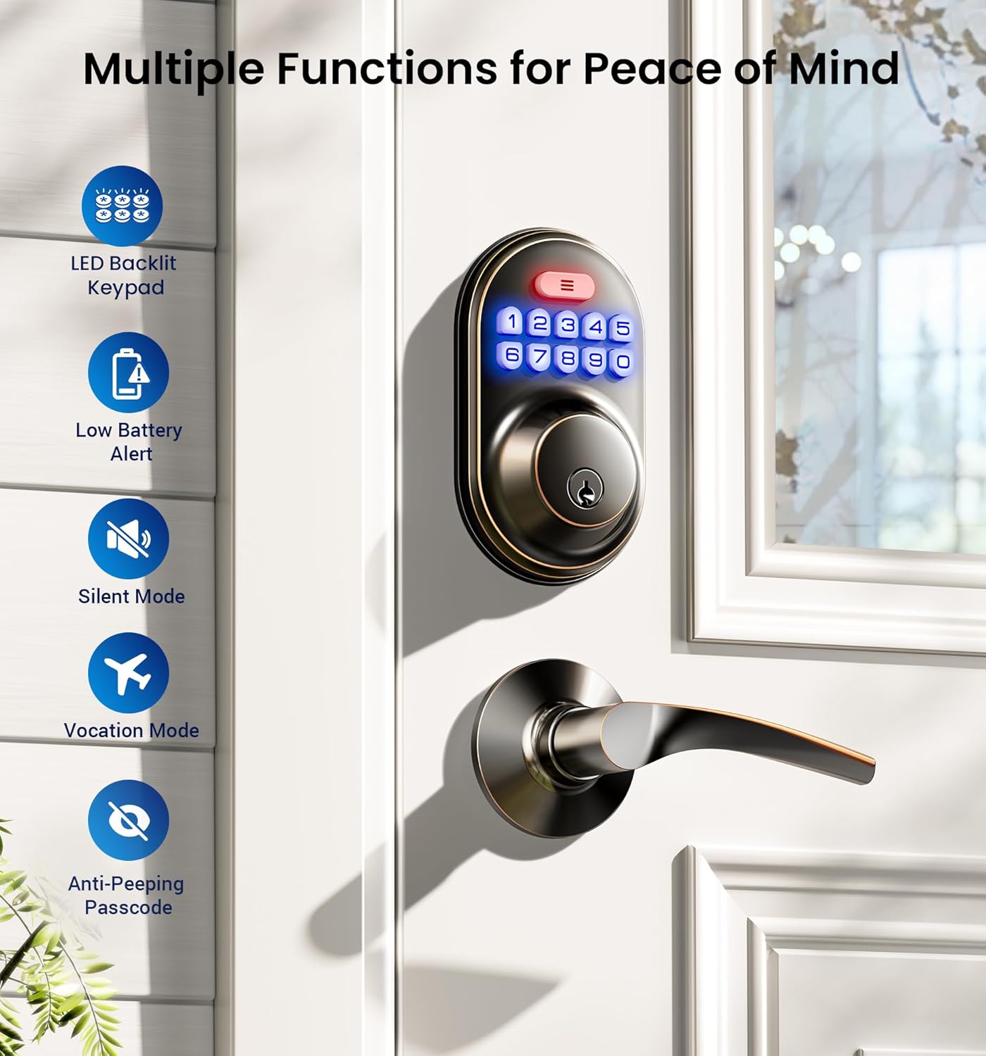Veise Keyless Entry Door Lock with 2 Lever Handles - Electronic Keypad Deadbolt, Auto Lock, Back Lit & Easy Installation Design, Front Door Handle Sets, Oil Rubbed Bronze